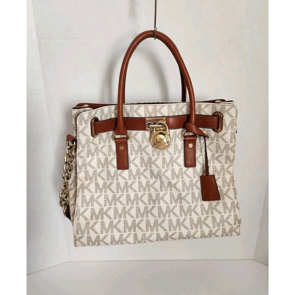 Michael Kors Hamilton Signature Logo Medium Satchel Bag in Vanilla Authentic - Picture 1 of 16